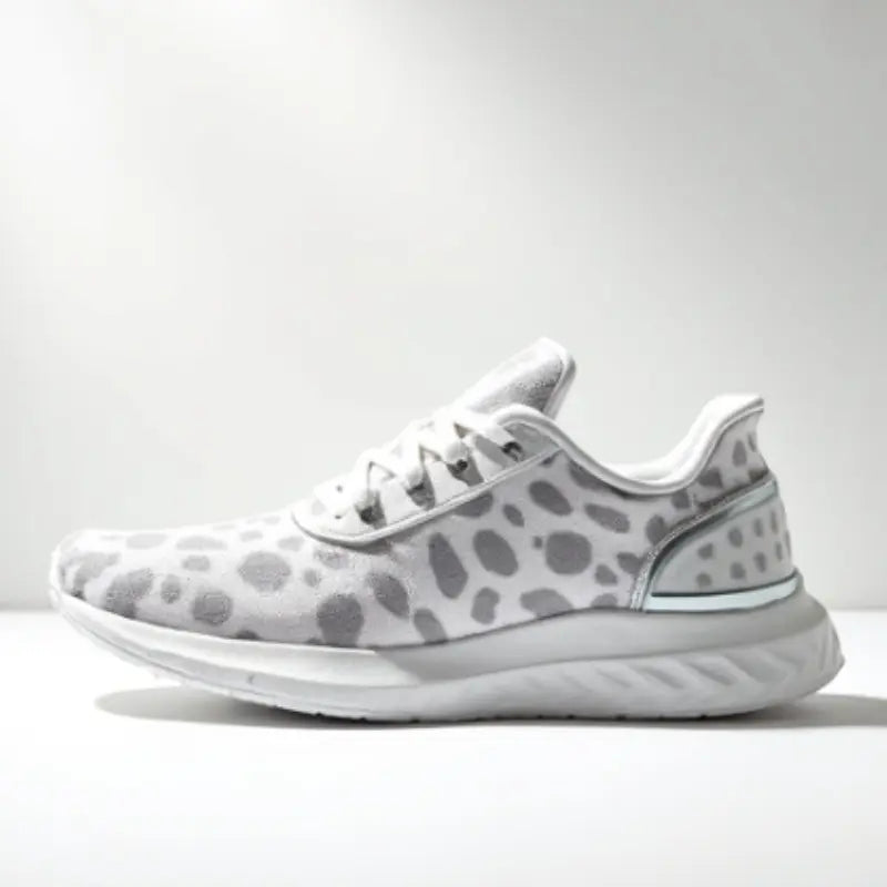 White running shoe with gray pattern on a white background