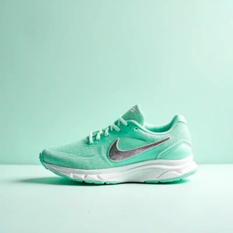 Mint green running shoe with white sole on a light green background