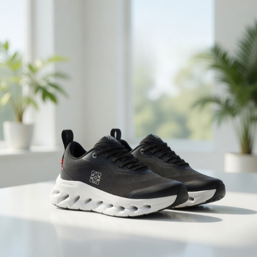 Black sneakers with white soles on a light surface with a blurred indoor background