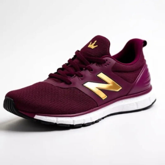 Maroon running shoe with gold New Balance logo on a white background