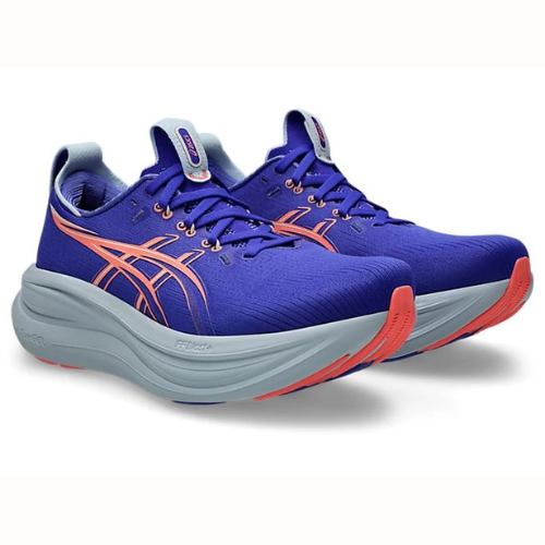 Blue running shoes with orange accents on a white background