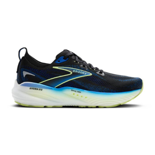 Black and blue running shoe with visible branding on a white background