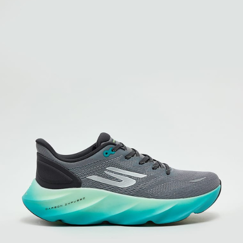 Gray and teal running shoe on a light gray background