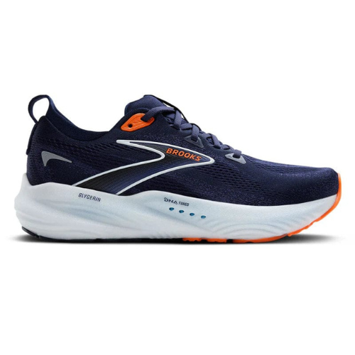 Navy running shoe with orange accents on a white background