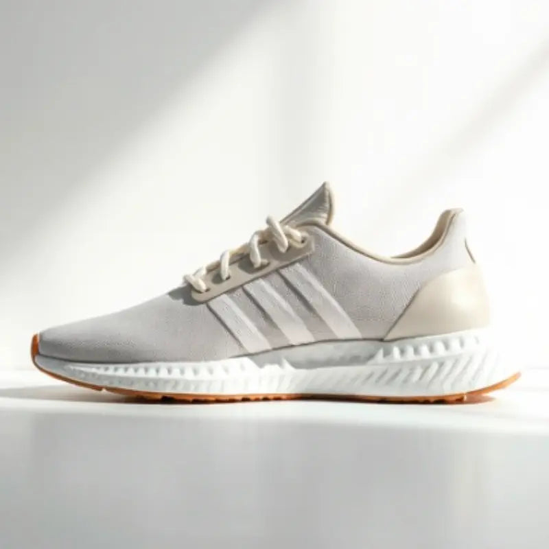 White athletic shoe with stripes on a light gray background