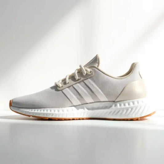 White athletic shoe with stripes on a light gray background
