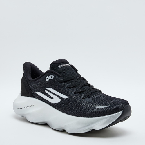 Black running shoe with white sole on a light gray background