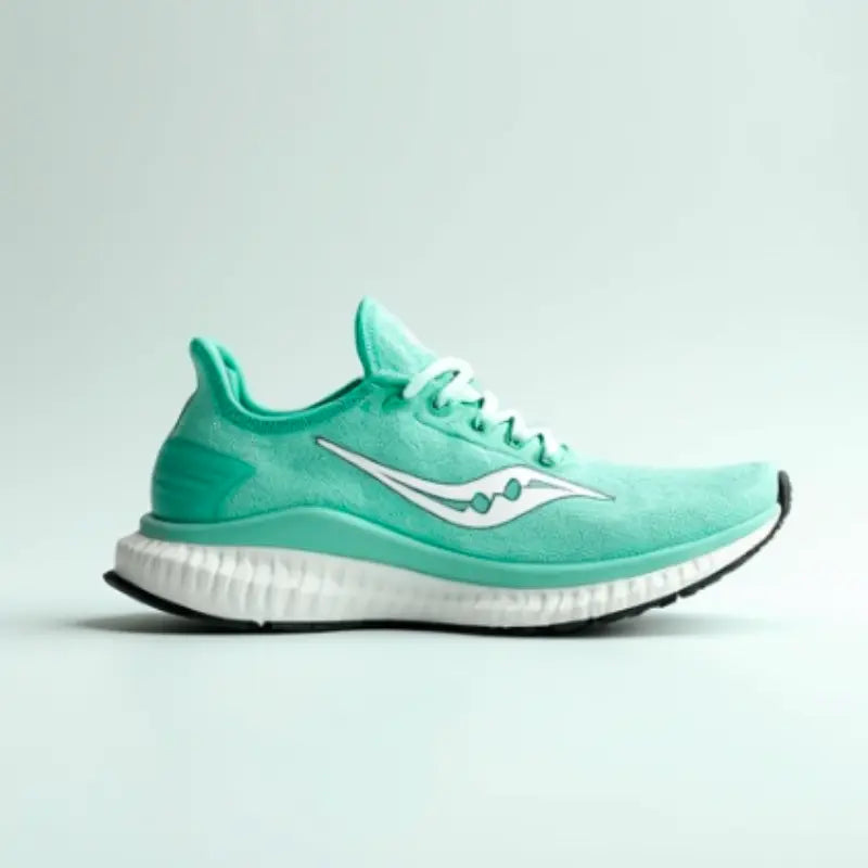 Turquoise running shoe with white sole on a light gray background