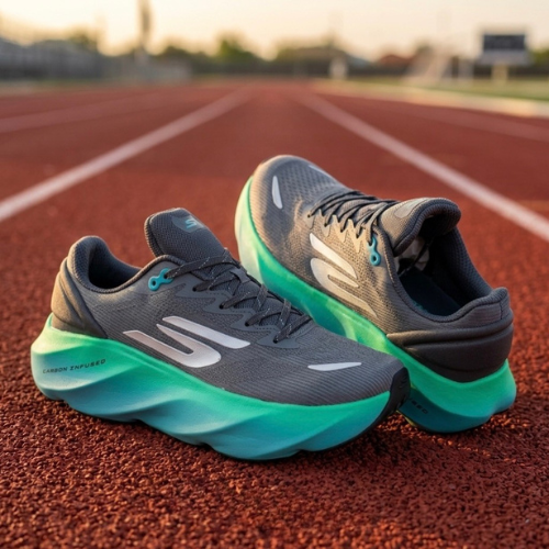 Gray and green running shoes on a track