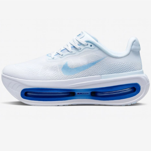 White sneaker with blue air cushioning on a white background